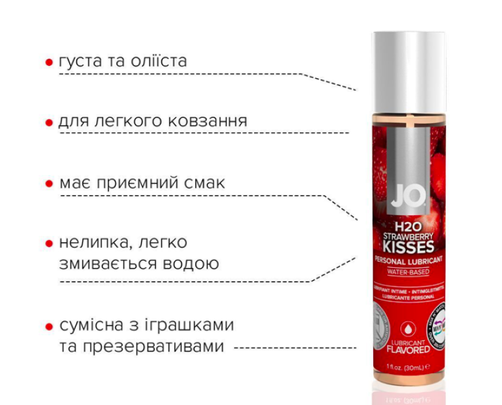 Змазка на водній основі JO H2O — Strawberry Kiss без цукру, рослинний гліцерин 30мл