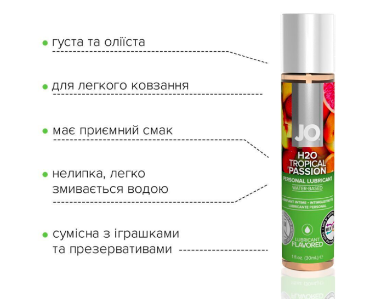 Змазка на водній основі JO H2O — Tropical Passion без цукру, рослинний гліцерин 30мл