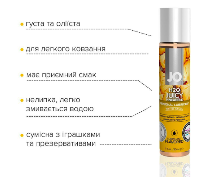 Змазка на водній основі JO H2O — Juicy Pineapple без цукру, рослинний гліцерин 30мл