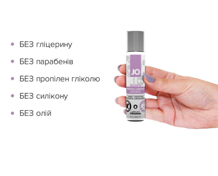 Змазка на водній основі JO AGAPE — ORIGINAL без гліцерину, гліколю та парабенів 30мл