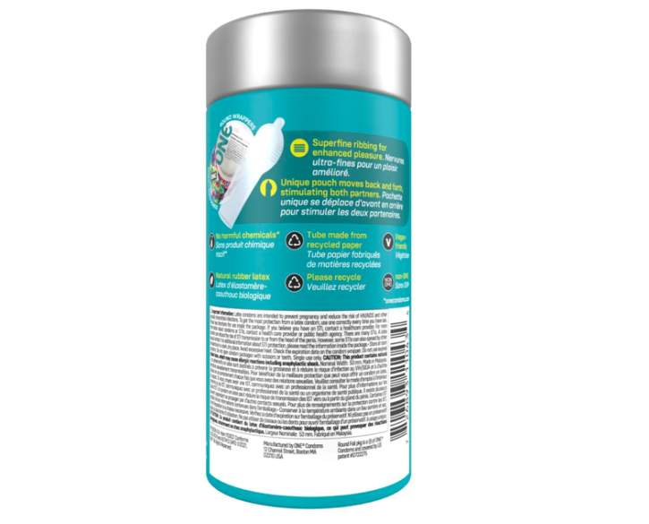 Презервативи ONE Pleasure Plus, 12 шт, з ребристою ділянкою на кінці, подарункове паковання-тубус