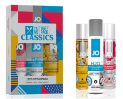 Набір JO Tri-Me Triple Pack — Classics (3×30 мл) водна, силіконова та смакова змазка