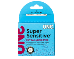 Презервативи ONE Super Sensitive, 3 шт, гладенькі, з додатковою змазкою, картонне паковання