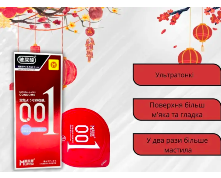 Супертонкі преміум презервативи з натурального латексу та додатковим мастилом Muaisi Red 001 12 шт