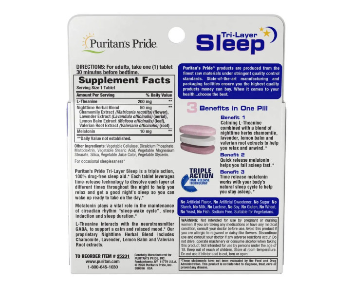 Puritan's Pride Melatonin Tri-Layer Sleep 30 Tri-Layer таблеток